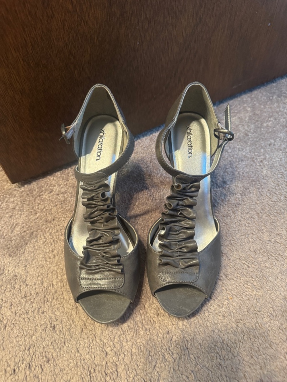 Xhilaration Ruched T-Strap Open-Toe Heels in Gray